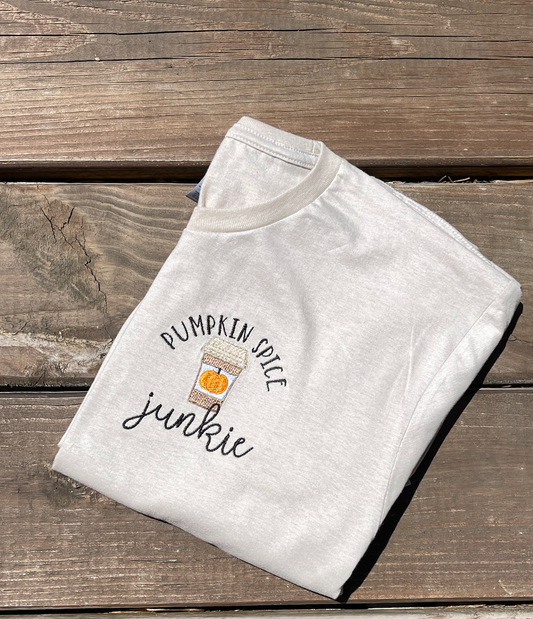 Pumpkin Spice Junkie Embroidered Tees + Sweatshirts